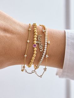 Elevate your everyday jewelry stack with the 18K Gold Birthstone Pisa Bracelet. Featuring your signature birthstone, this gold bracelet is the perfect blend of personal and chic. Dainty, delicate, and crafted out of 18k gold plated sterling silver, celebrate your birth month year round. Pretty Stacks, Jewelry Stack, Light Amethyst, Stacked Jewelry, Blue Zircon, Birth Month, Blue Bracelet, Everyday Jewelry, Birthstone Jewelry