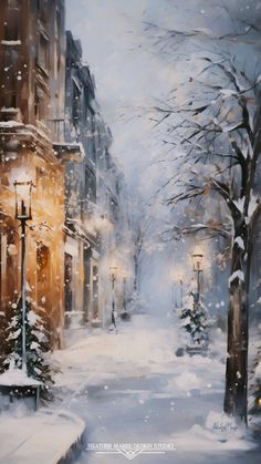 a painting of a snowy city street at night