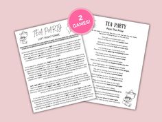 two tea party games are shown with the text in pink and white on top of it