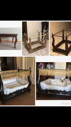 there are four different types of dog beds in the same room, one is made from wood and the other has an iron frame