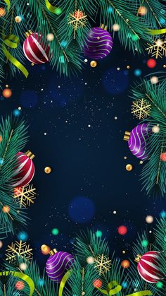 christmas tree branches with ornaments and lights on the dark blue background photo - realistic illustration