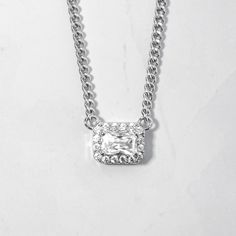 PRE-ORDER Halo Emerald Cut Necklace on Cuban Chain – Sami Jewels Dazzling Emerald Cut Cubic Zirconia Necklaces, Dazzling Emerald-cut Cubic Zirconia Necklaces, Dazzling Emerald Cut Cubic Zirconia Necklace, Diamond White Cubic Zirconia Rectangular Necklace, Emerald Cut Necklace, Cross Necklace Simple, Simple Beaded Necklaces, Emerald Cut Halo, Hypoallergenic Necklace