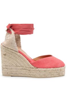 pink plain-weave canvas woven raffia design to the rear logo at the sole round toe tie-fastening ankle strap branded leather insole braided raffia high wedge heel rubber outsole Summer Espadrilles With Textured Sole And Ankle Strap, Pink Open Toe Espadrilles With Woven Sole, Chic High Heel Espadrilles With Woven Sole, Pink Espadrilles With Woven Sole For Summer, Pink Espadrille Sandals With Woven Sole, Chic High Heel Straw Espadrilles, Chic Straw Espadrilles With Wrapped Heel, Pink Straw Sandals With Woven Sole, Chic Espadrilles With Woven Sole And Ankle Strap