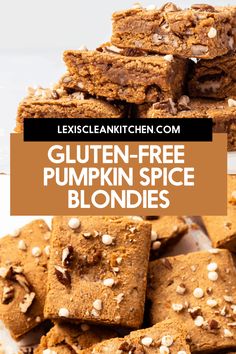 gluten - free pumpkin spice blondies are stacked on top of each other