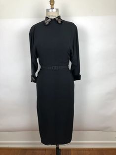 1940s Black Crepe Raglan Sleeve Belted Dress With Velvet - Etsy Classic Fitted Vintage Dress For Formal Occasions, Fitted Vintage Dress For Semi-formal Occasions, Fitted Vintage Dress For Semi-formal Events, 1950s Vintage Dress For Work, Fitted Vintage Formal Dress, Classic Long Sleeve Evening Vintage Dress, Fitted Vintage Dress For Formal Occasions, 1950s Fitted Vintage Dress For Formal Occasions, 1950s Vintage Fitted Dress For Formal Occasions