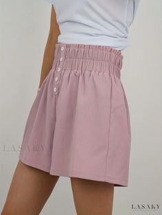 Lasaky - Chic Womens Elastic Waist Solid Smocked Shorts for Casual Summer Wear High Waist Bottoms With Gathered Waist For Spring, Spring High Waist Bottoms With Gathered Waist, Casual Bottoms With Gathered Waist For Day Out, Trendy Beach Bottoms With Smocked Back, Spring Bottoms With Gathered High Waist, Casual Beach Bottoms With Gathered Waist, Vacation Bottoms With Gathered Waist And Short Length, Summer Stretch Bottoms With Smocked Back, Smocked Back Shorts For Beach