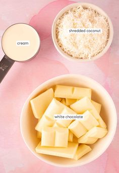 the ingredients to make white chocolate are in small bowls on a pink surface with a measuring spoon