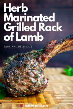 herb marinated grilled rack of lamb on a cutting board