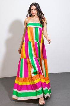 A printed woven maxi dress featuring straight smocked neckline, shoulder tie and tiered skirt Details:Self : 100% Cotton Size & Fit- Model is 5`7" And Wearing Size Small- Measurements Taken From Size Small- Approx. Length: 57" Colorful Fun Outfits, Daytime Fashion, Modern Royalty, Skirt Details, Colorful Clothes, Patchwork Clothes, Concept Clothing, Flying Tomato, Maxi Dress Green