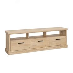 a wooden entertainment center with drawers on one side and an open shelf on the other