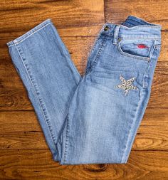 Tommy Hilfiger * Size 6 (30 x 30) * Denim * Light Blue * Star Sequins * Jeans. The jeans are in MINT condition with NO tears or stains on the fabric  Details:  1.) Waist: 30" inches  2.) Inseam: 30" inches  3.) Leg opening: 7" inches 4.) Front rise: 7" in.  5.) Thigh: 20" in.  6.) Hip: 36" in.  7.) 99% Cotton; 1% Lycra   8.) Machine Wash  9.) Belt loop  10.) Zipper & button closure  11.) 2 front & 2 back pockets  Thanks for looking Denim Blue Straight Leg Bottoms With Star Print, Straight Leg Denim Blue Bottoms With Star Print, Straight Leg Bottoms With Star Print In Denim Blue, Straight Leg Denim Bottoms With Star Print, Star Print Straight Leg Denim Bottoms, Casual Flare Jeans With Star Print, Casual Star Print Flare Jeans, Casual Cotton Jeans With Star Patch, Embroidered Straight Leg Denim Blue Jeans