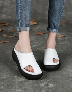 Comfortable Wedge Fish Toe Sandals | Obiono Casual Toe Post Wedge Sandals With Platform, Comfortable Open Toe Platform Wedge Sandals, Casual Platform Toe Post Wedge Sandals, Comfortable Round Toe Platform Slippers, White Casual Platform Slippers With Flat Heel, Leather Toe Post Wedge Sandals, White Platform Wedge Sandals With Round Toe, White Open Toe Casual Wedge Sandals, White Toe Post Wedge Sandals For Summer