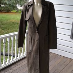 Nwt Olive Green, Super Soft And Slimming, Full Length Coat Has Subtle Pinstripes, 3 Patch Pockets And One Cloth Button Closure. Sleek And Classy. Unlined 100% Polyester. Approx. Measurements- P2p: 18.5", 44" Long, 24.5" Sleeve. Long Peacoat, Suede Trench Coat, Brown Long-sleeved Outerwear With Button Closure, Tan Coat, Knee Length Coat, Full Length Coat, Faux Suede Jacket, Suede Belt, Suede Coat