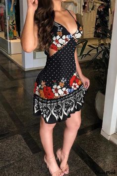 Olivia Mark - Patchwork Printed Spaghetti Strap Dress for Women in Elegant Matte Black Midriff Outfits, Floral Print Dress Summer, Dress Sleeve Length, Unique Clothing, Ruffle Hem Dress, Summer Party Dress, Printed Dress, Hem Dress, Types Of Skirts