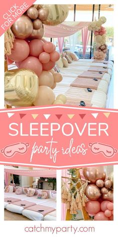 a pink and gold sleepover party with balloons