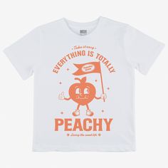 "Peachy keen! Children's unisex super-soft eco-printed white t-shirt with \"Everything Is Totally Peachy\" slogan and cute peach character graphic. Printed organic cotton t-shirt by Batch1 Kids This tee is: Super-comfy, long lasting and FUN to wear  Slogan: \"Everything Is Totally Peachy\" Graphics: Vintage style peach character Print: Organic, water-based, eco-friendly ink Style: Round neck, short sleeves, soft jersey Fit: Unisex  | Regular Fit  | Our children's clothing is unisex and can be wo Casual Peach T-shirt With Graphic Print, Trendy Peach T-shirt With Letter Print, Trendy Peach Short Sleeve T-shirt, Trendy Peach Relaxed Fit T-shirt, Cute Peach T-shirt With Letter Print, Trendy Relaxed Fit Peach T-shirt, Summer Peach T-shirt With Graphic Print, Peach Casual T-shirt With Graphic Print, Cute Peach T-shirt With Graphic Print