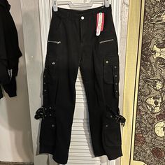 Perfect Condition, New With Tags, Never Worn Size 6 Black Wide Leg Grunge Pants, Casual Black Pants For Concert, Halloween Straight Leg Cotton Bottoms, Punk Style Wide Leg Bottoms For Concerts, Straight Leg Cotton Bottoms For Halloween, Halloween Cotton Straight Leg Bottoms, Grunge Bottoms With Pockets For Cosplay, Grunge Cotton Pants For Concerts, Cotton Straight Leg Bottoms For Halloween