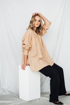 Linen shirt BOYFRIEND V neck  -long sleeves -large, oversized fit   - beige  buttons closure, comes with all colors shirts  -2  front pockets - V neck  -shirt length  32,6'' / 83cm ( from the back to the bottom of the shirt ) Large  fit, loose and  oversized. We recommend to order the size you wear for the look like on the model, or go size down for more oversized . Please be sure to check the measurements carefully if you decide to go size down or up Model is 175 cm 5'9'' tall, 60kg / 132 lb and wear size L, color sand DESCRIPTION: All our linen is pre-washed for an amazingly soft feel. Every time you wear the linen becomes softer and more beautiful.  All our linen  comes in a linen storage bag.  -Made from Oeko-Tex certified 100%  pure French linen,Fabric Weight-160 GSM /light linen -Pre Trendy Beige Long Sleeve Shirt, Beige Shirt With Relaxed Fit For Fall, Beige Relaxed Fit Shirt For Fall, Oversized Long Sleeve Beige Blouse, Oversized Beige Shirt With Button Closure, Beige Long Sleeve Blouse With Relaxed Fit, Oversized Beige Buttoned Top, Neutral Button-up Blouse For Fall, Fall Neutral Button-up Blouse