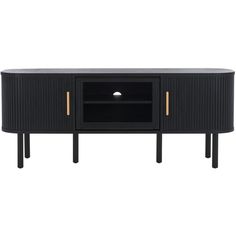 a black entertainment unit with gold handles