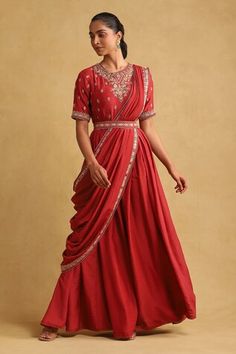 Red saree dress featuring thread embroidery with sequin embellishments. Comes with matching dupatta and belt. - Aza Fashions Ritu Kumar Saree, Saree Gowns, Ritu Kumar, Drape Saree, Red Thread, Red Saree, Saree Dress, Thread Embroidery, Dress Set