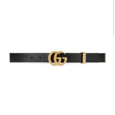 a black belt with gold buckles on the side and a small logo on the bottom