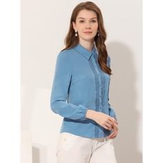 Create an elegant look with this button-up shirt, an essential for every wardrobe. This plain-colored blouse features a button-up at the front, the lace insert, and a regular fit, giving a more elegant and business-like look. A good versatile blouse that could be worn anytime, is well paired with your jeans, hip skirts, and long pants for a charming style. Soft and lightweight Woven fabric ensures all-day comfort. Occasion: Business, Office, Meeting, Career, Work, Coffee Shop, Casual, Daily wear Smart Solid Color Office Shirt, Smart Office Shirt, Light Blue Buttoned Blouse For Work, Solid Color Button-up Blouse For Business, Solid Color Button-up Business Blouse, Button-up Blouse For Business, Solid Button-up Shirt For Office, Elegant Light Blue Button-up Shirt, Light Blue Button Blouse For Work