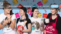 three girls are standing in front of a banner with the words, what's cupcakes day?