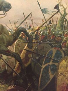 a painting of men in armor with spears and shields