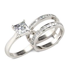 two white gold wedding rings with princess cut diamonds on each band and channeled set