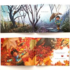 an open children's book with illustrations of two kids in the woods and leaves