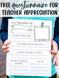 a person holding up a paper with the words free question for teacher appreciation written on it