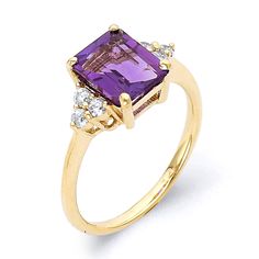 This solid 10k/14k gold amethyst ring is the perfect gift for a loved one for any occasion - Birthday, Mother's Day, Graduation, Anniversary, and will certainly put a smile on their face! The center amethyst stone is carefully crafted and its beauty is well enhanced with the surrounded bright white diamonds.  10K - 2.4 Grams  14K - 2.6 Grams Center Stone: 9x7mm Emerald Cut Amethyst   1.90 Carat 6 Round 1.75mm Genuine Diamond .15 Carat All of our products are made with 10k/14k Solid Gold and are stamped with Gold Purity for Certification.  We want to make sure that each purchase is to your desire! We can customize any ring and gemstone to be exactly to your liking. We offer complimentary engraving, gift wrapping, and  30 day free returns/exchanges with every purchase! If you have any questi Fine Jewelry Yellow Gold Amethyst Ring With Brilliant Cut, Purple Gemstone Diamond Ring In 14k Gold, Purple Diamond Ring In 14k Gold, Yellow Gold Amethyst Ring With Brilliant Cut, Classic Wedding Amethyst Ring With Gemstone Accents, Brilliant Cut Yellow Gold Amethyst Ring, Yellow Gold Amethyst Diamond Ring With Accent Stones, Classic Amethyst Rings With Gemstone Accents, Fine Jewelry Purple Diamond Ring With Gemstone Accents