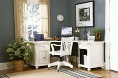 a home office with a desk, chair and potted plant in front of the window