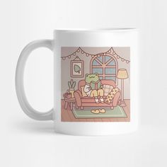 a coffee mug with an image of a person sitting on a couch