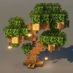 a tree made out of wooden logs with lights around it and some plants growing on top