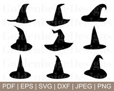 witch hat silhouettes in black and white, set of six for halloween decoration or scrapbook pages