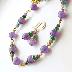 "6675 Amethyst Green Onyx Necklace gold wire wrapped purple natural gemstone bohemian statement choker February birthstone birthday anniversary Valentine's day Mother's day Christmas holiday gift for her women mom sister wife girlfriend daughter niece aunt grandma cousin colleague best friend. Enjoy the beauty & power of natural gemstone. THIS LISTING IS FOR THE NECKLACE ONLY Earrings shown for illustration and listed separately MATERIALS & DIMENSIONS ✦ Natural GEMSTONES: - AMETHYST, lavender pu Green Onyx Necklace, Statement Choker, Sister Wife, Onyx Necklace, Birthstone Gifts, Mom And Sister, February Birthstone, Green Onyx, February Birth Stone