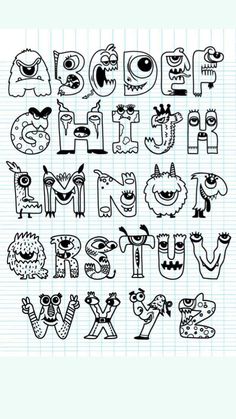 hand drawn alphabets with monsters on lined paper