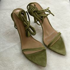 Moss Color, Suede Sandal In Great Condition. Never Worn Before. Narrow Fit. Green Sandals With 4-inch Heel For Summer, Green Pointed Toe Sandals With 4-inch Heel, Elegant Closed Toe Lace-up Sandals For Spring, Elegant Lace-up Closed Toe Sandals For Spring, Elegant Spring Lace-up Sandals With Closed Toe, Chic Suede Lace-up Sandals With Round Toe, Suede Lace-up Round Toe Sandals For Party, Chic Suede Lace-up Sandals, Spring Sandals With 4-inch Heel And Single Toe Strap