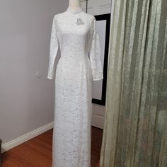 Ao Dai Measurements Bust 88-90cm Waist 74-76cm, Brand New Nwot. Lace Material And Chiffon. Total 6 Layers, 3front 3back Beautiful Ao Dai For Wedding Elegant Long Sleeve Dress For Mother Of The Bride, Long Sleeve Lace Dress With Fitted Bodice For Wedding, Formal Lace Ao Dai, Formal Fitted Lace Ao Dai, White Fitted Lace Dress For Banquet, Elegant Formal Fitted Ao Dai, Vintage Long Sleeve Gown For Banquet, Lace Ao Dai For Wedding, Elegant Floor-length Wedding Dress For Ceremony