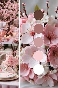 the table is set with pink flowers and candles