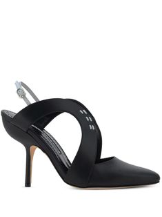 black calf leather smooth grain tonal stitching panelled design buckle-fastening slingback strap 105mm high stiletto heel pointed toe branded leather insole Iconic Bags, Flat Boots, Exclusive Fashion, Ballet Flat Shoes, Pump Sandals, Lady Dior, Black Pumps, Top Shoes, Manolo Blahnik