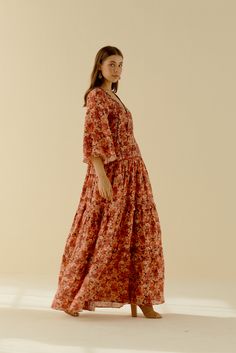 Say hello to the ultimate dreamy tiered dress in an abstract floral print... Dahlia! She's made of pure hemp which is beautifully lightweight and features flared sleeves, three tiers and a plunging v-neck design. You'll find intricate hand-embroidery on the top and also an elasticated back waist which gives you some flexibility with the fit. This maxi dress comes in two standard lengths, regular at 54" and petite at 52" but we can customise the length depending on your preference. We can also ma Flowy Bohemian V-neck Tiered Dress, Flowy Bohemian Tiered V-neck Dress, Flowy Bohemian Tiered Dress For Vacation, Spring Bohemian V-neck Tiered Dress, Bohemian V-neck Tiered Dress For Spring, Bohemian Tiered Maxi Dress For Vacation, Bohemian Floral Print Tiered Dress For Beach, Bohemian Tiered Dress With Floral Print For Beach, Flowy Bohemian Tiered Dress