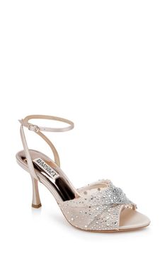 Cameryn Satin Peep-Toe Stiletto with Crystal-Embellished Mesh Overlay by Badgley Mischka now available on the official website Badgley Mischka Bridal Shoes, Badgley Mischka Bridal, Wedding Shoes Heels, Womens Stilettos, Bridesmaid Shoes, Strap Sandals Women, Peep Toe Sandals, Heeled Sandal, Bride Shoes