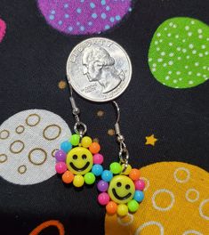 Cute Beaded Earrings, Beaded Smiley Face, Kandi Bracelets, Rainbow Earrings, Smiley Face, Smiley, Beaded Earrings, All The Colors, Jewelry Earrings Dangle