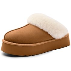 PRICES MAY VARY. WARM & COMFY: All-around fuzzy faux fur lining and breathable microsuede upper keep away from coldness and prevent sweat or odors. An extended plush wool-like fur collar wraps your feet in warmth, making these slippers luxurious and stylish. OUTDOOR & INDOOR: Latest Gen EVA foaming technology creates better flexibility, lightweight and anti-slip platform outsole, without any damage to the wood floor or noise to people, preventing indoor and outdoor slipping. COZY FOOTBED: Premiu Winter Slippers With Plush Lining And Round Toe, Winter Slippers With Plush Lining, Winter Plush Lined Slip-on Slippers, Winter Indoor Slippers With Plush Lining, Cozy Brown Slippers For Winter, Comfy Brown Winter Slippers, Winter Faux Fur Slippers With Scuffs, Casual Faux Fur Slippers For Winter, Comfy Synthetic Slippers For Winter