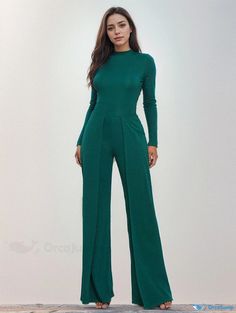 Orcajump - Exquisite and Timeless High-Quality Monochrome Jumpsuit with a Stylish Round Neck and Long Sleeves Waist Circumference, Dark Green, Round Neck, Jumpsuit, Long Sleeves, Long Sleeve, High Quality, Green, Clothes