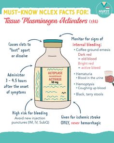 Must Know NCLEX Facts for: Tissue Plasminogen Activators (TPA) tPA is an incredible drug! Have you learned about it yet? #nursingschool #stroketreatment #strokeeducation #nursingstudent #pharmacology #studyhacksfornurses #nursesofIG #nurselife #scrublife #cardiacnursing #neuro #NCLEX #nclextips #nursesofinstagram #nursingnotes #nursingcharts #nursingbundle Neurogenic Shock, Pediatric Milestones, Nclex Study Schedule, Complete Nursing School Bundle, Nursing School Bundle, Teas 7, Nclex Tips, Arterial Blood Gas