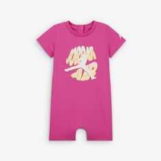 Smaller ballers-to-be can rep the Brand of Flight in this warm weather romper, which is made of cotton/poly jersey knit fabric that feels soft and gentle on baby's skin. Roomy enough to layer over a bodysuit for extra warmth, this wardrobe essential has snappy tape closures at the shoulder and inseam to make changing and dressing easy. Pink Summer Onesie For Loungewear, Casual Pink Cotton Bubble Romper, Pink Cotton Onesie For Playwear, Casual Sports Onesie With Short Sleeves, Casual Short Sleeve Sports Onesie, Sports Cotton Onesie With Short Sleeves, Pink Cotton Onesie For Playtime, Pink Cotton Onesie With Graphic Print, Casual Pink Bubble Romper For Loungewear