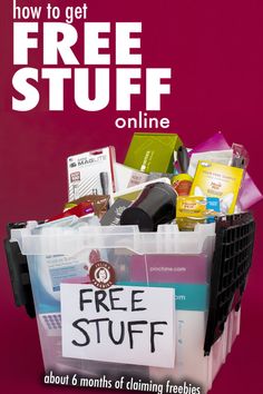 a plastic basket filled with lots of items and the words free stuff online on it